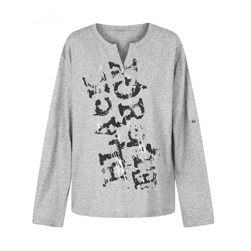 High Street Punk Style Men's Letter Print Longs Leeve T Shirt Grey Loose Casual Base Pullover Top JZRS
