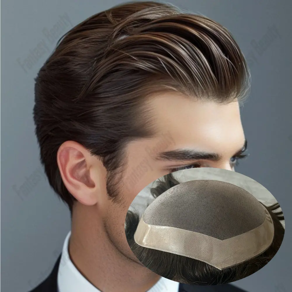 شعر مستعار للرجال قابل للتنفس ومتين وقاعدة أحادية شعر بشري مستعار للرجال مقاس 6 بوصات نظام استبدال الشعرية للرجال باللون الأسود والبني #3