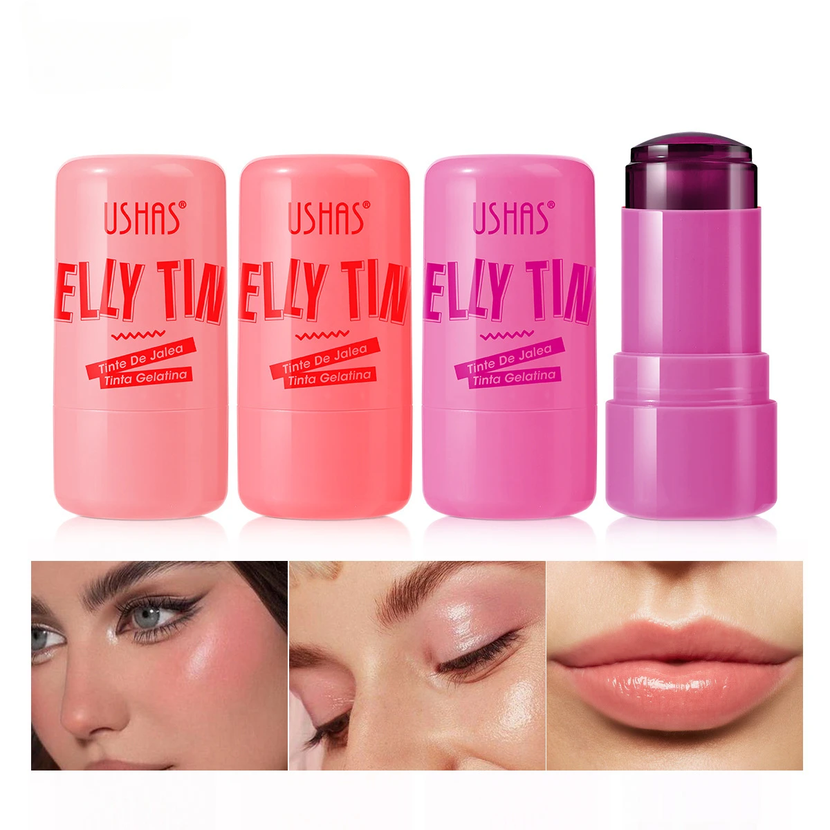 4 Color Multifunction Jelly Blush Cream Waterproof Lipstick Cheek Blush Longlasting Moisturizing Natural Smooth and Easy To Push