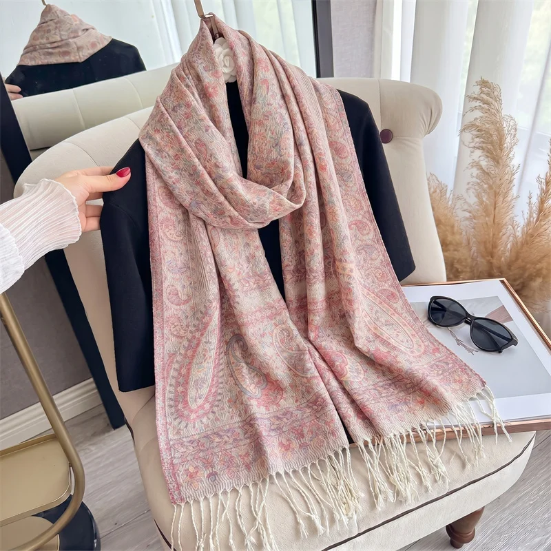 Soft Pink Paisley Jacquard Shawl Women Tassel Wrap Cashmere Feel Scarf For Boho Travel Wedding Bridal Daily Wear Gift