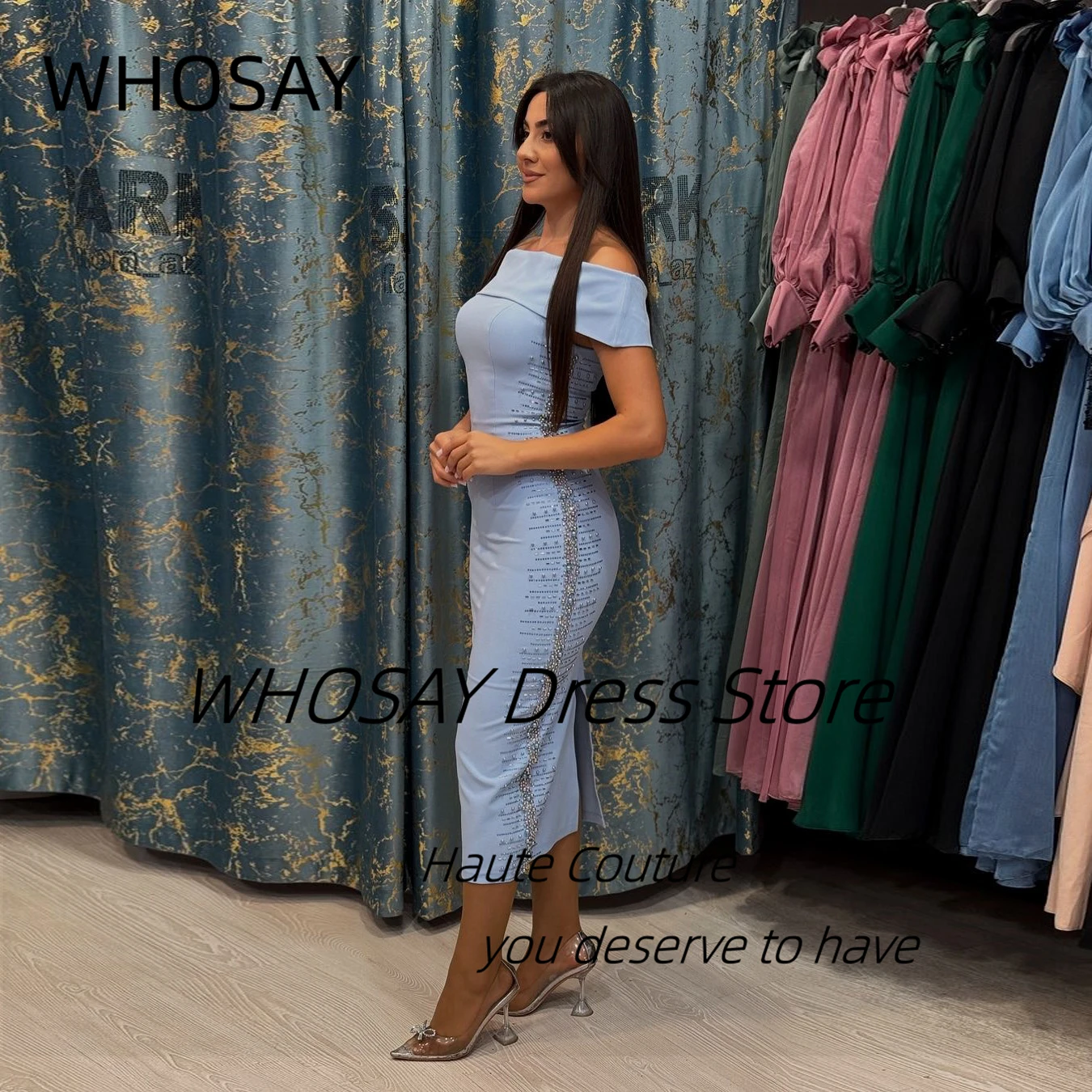 WHOSAY Tea Length Mermaid Bespoke Dress for Prom Party Bateau Neck Beading Luxury Evening Dresses Woman Elegant