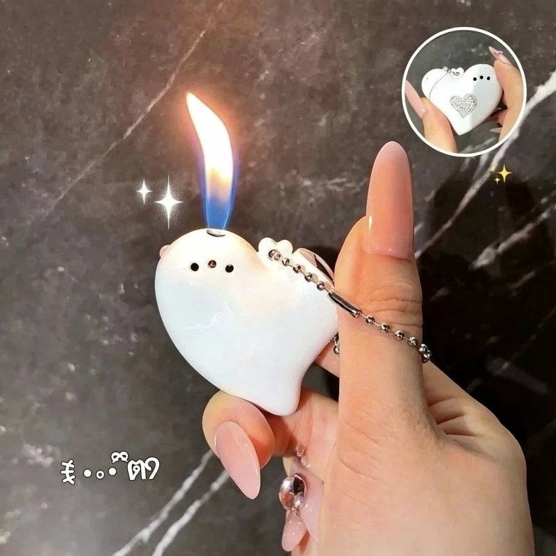 New Original‑Designed Mini Open Flame Heart Charm Cute Cat Badge Metal Inflatable Lighter  Premium‑Feel Gift for Girls