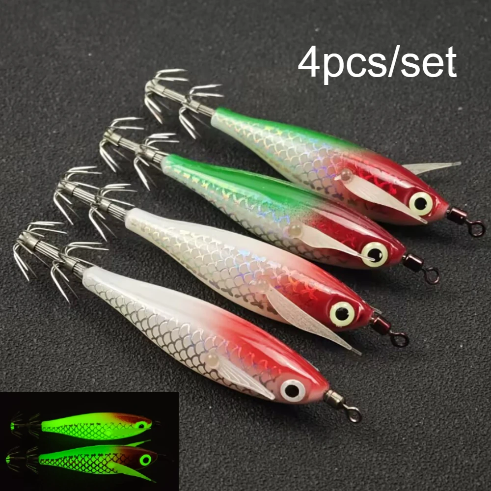 4 teile/satz 8 cm Glow Horizontale Tintenfisch Jig Angeln Locken Garnelen Garnelen Köder Tintenfisch Jig Haken Salzwasser Tintenfisch Angeln Zubehör