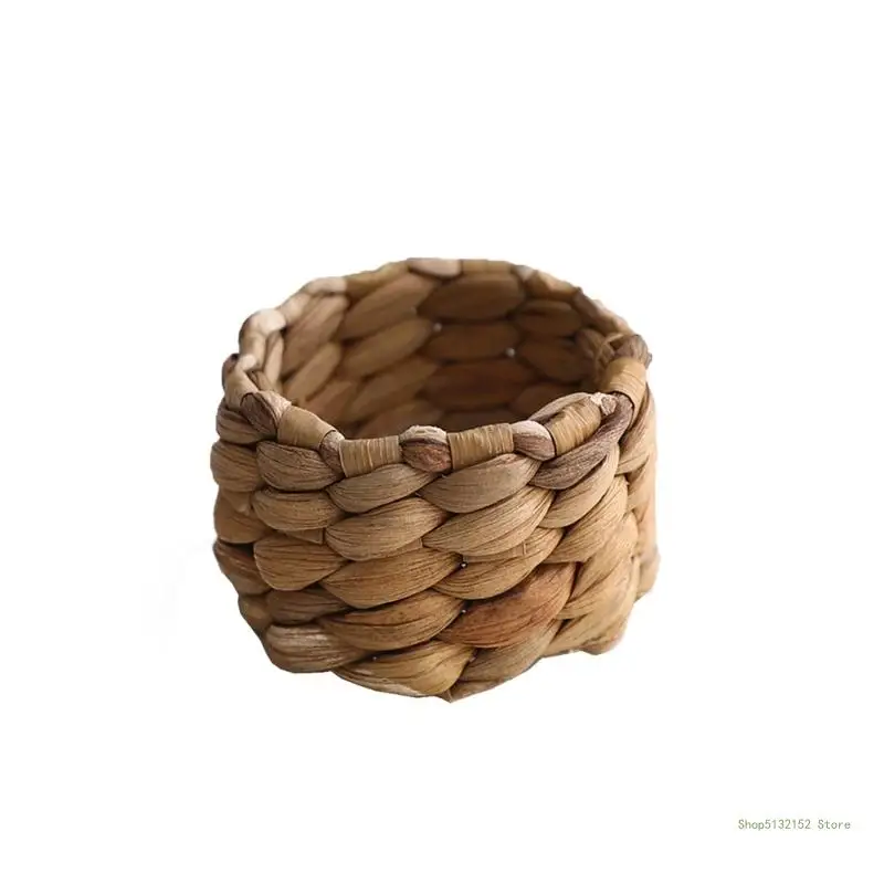 QX2E Rustic Woven Napkin Ring Handmade Natural Cattail Cucurbita Napkin Buckle Holder for Dinner Table Decoration Wedding Party