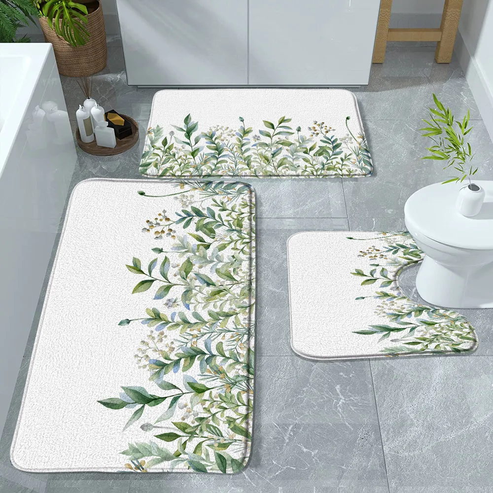 Spring Eucalyptus Leaves Bath Mat Watercolor Vine Plant Green Sage Leaf Botanical Bathroom Rugs Bathtub Flannel Carpet 3pcs/Set