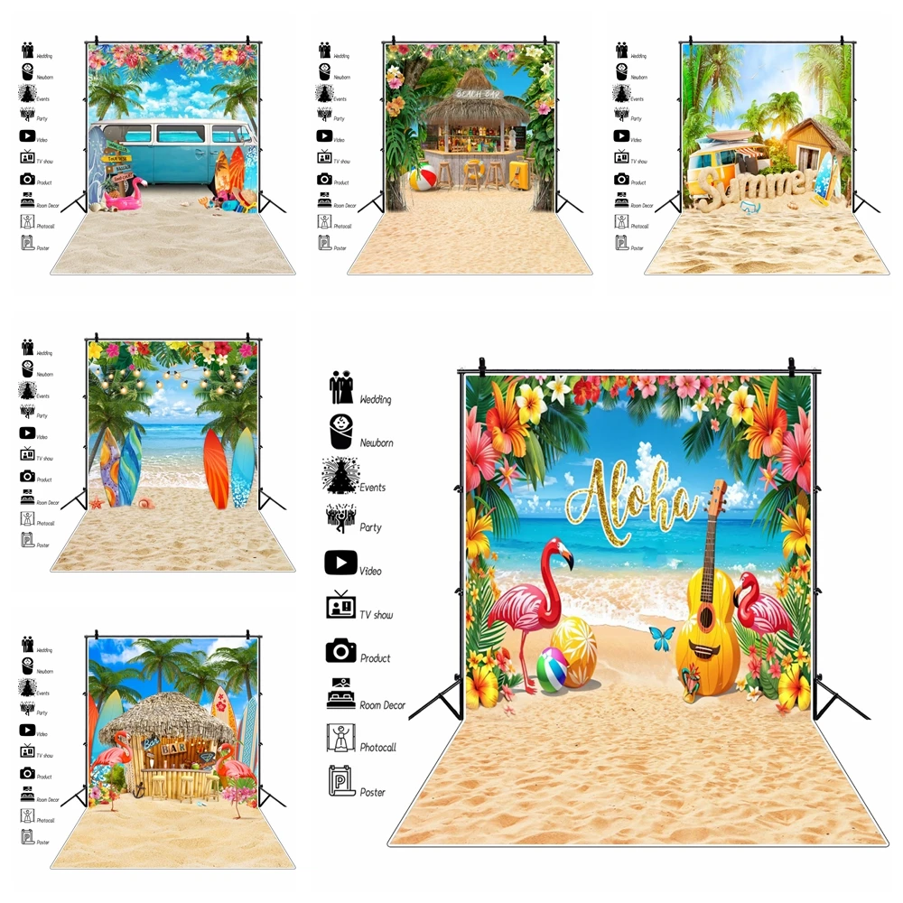 خلفية سماء زرقاء للشاطئ الصيفي ، لوح تزلج على شجرة النخيل الاستوائية ، خلفية تصوير لحفلات العطلات في Hawaii Luau Aloha Flamingo