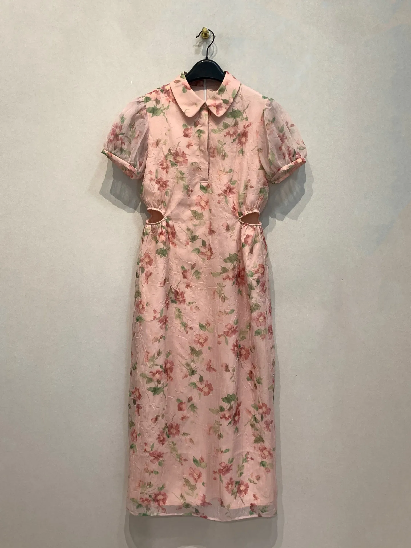 

Kuzuwata Print Temperament Sweet High Waist Mujer Fashion Unique Hollow Out Slim Loose Mid-length Robe Japan Luxury Casual Dress