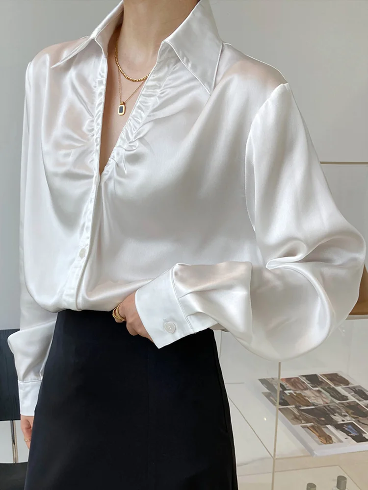 

Solid Draped Shirt For Women Lapel Single Breasted Long Sleeve Loose Ladies Elegant Top 2023 New Spring M138