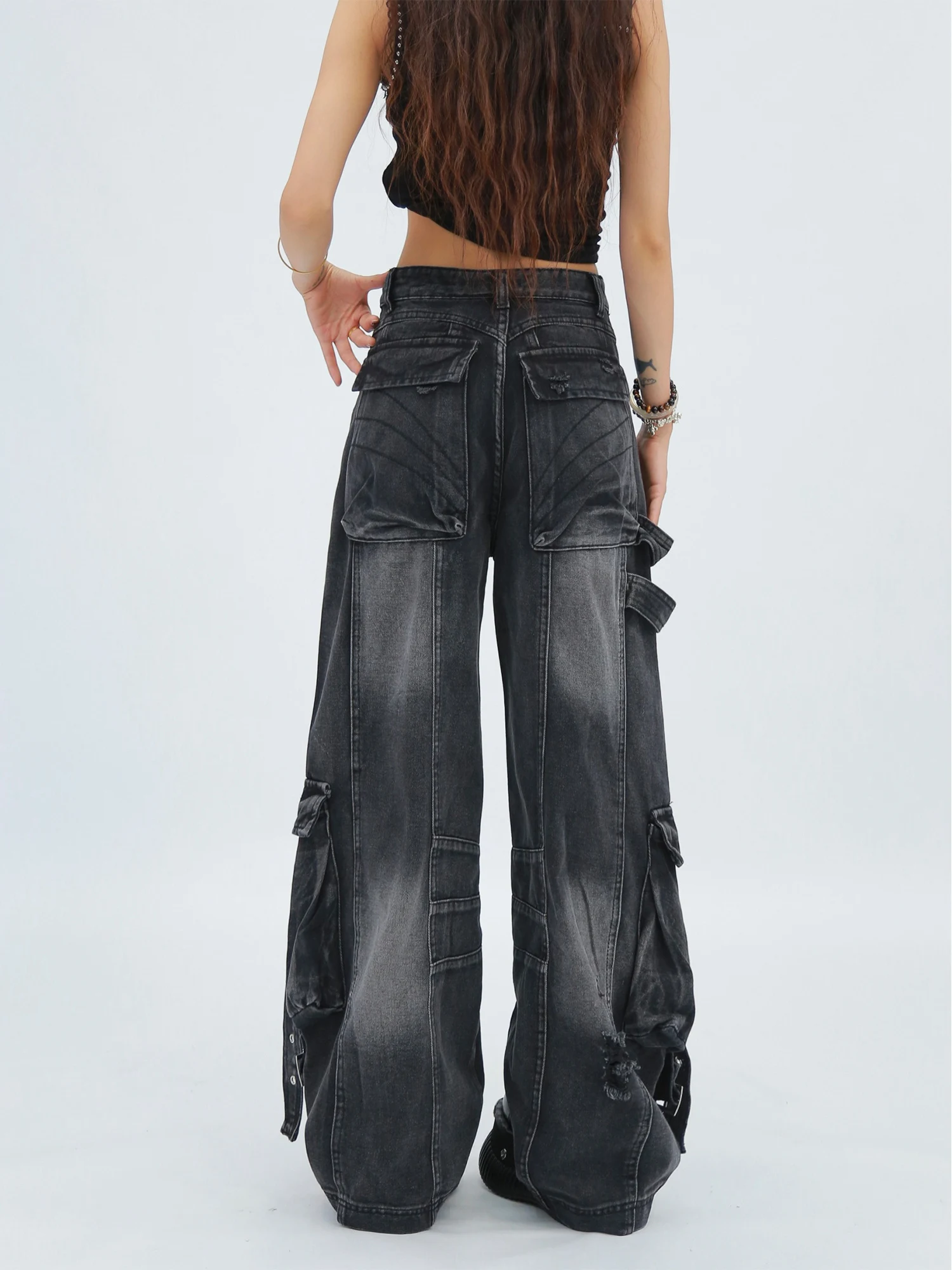 American Retro Double Placket Loose Wide-leg Lace-up Floor-mopping Jeans Summer New Girl Versatile Leisure Age-reducing Trousers