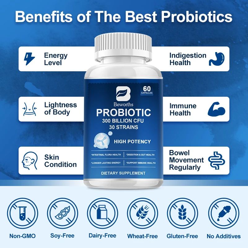 BEWORTHS-Suplemento probiótico CFU 300 Billion, apoya la digestión, inmunidad y salud respiratoria superior, promueve la digestión