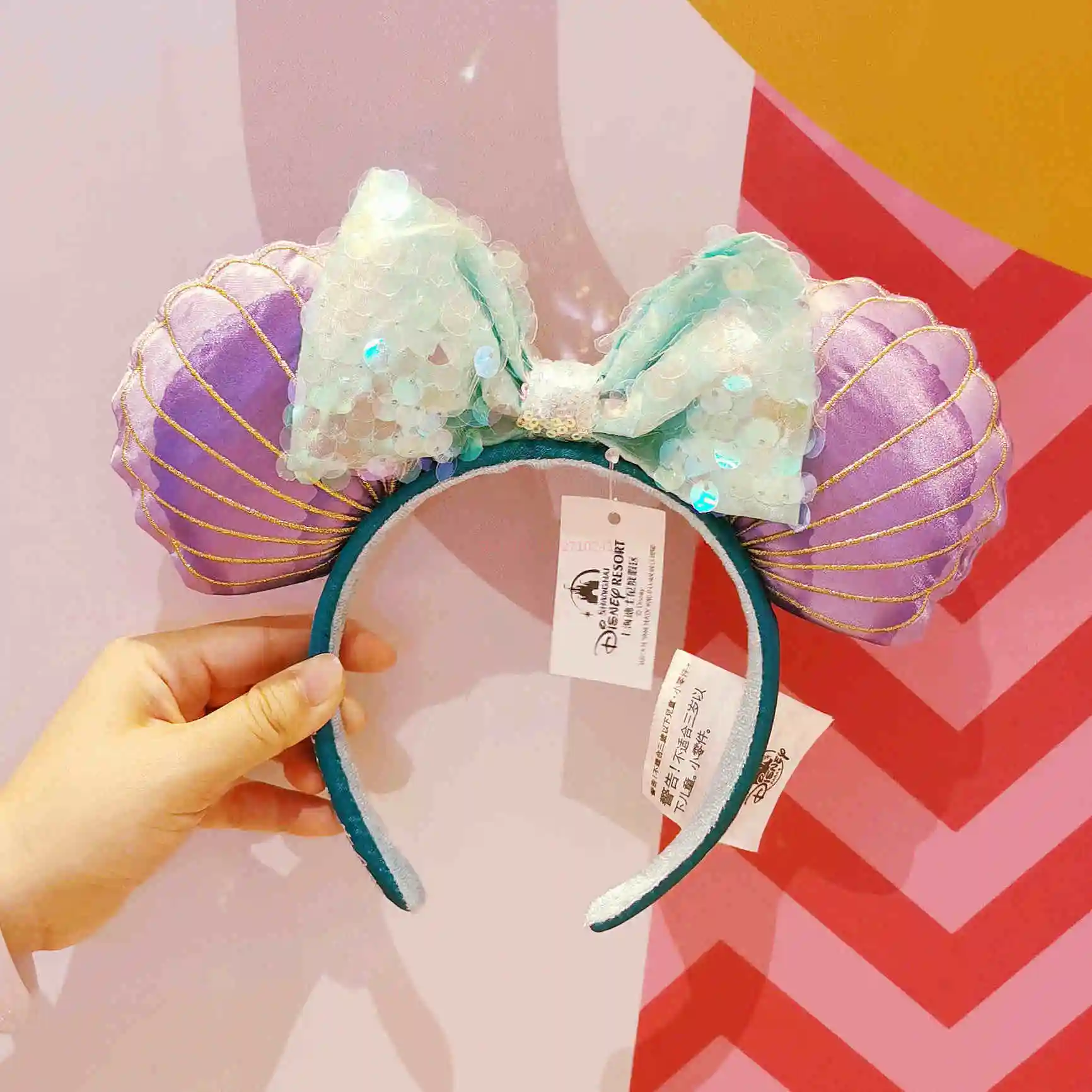 2024 Original Disney Mickey Minnie Ears Headband Disneyland Leather Headband Hairband Sequin Bow Party Hair Accessories Gift