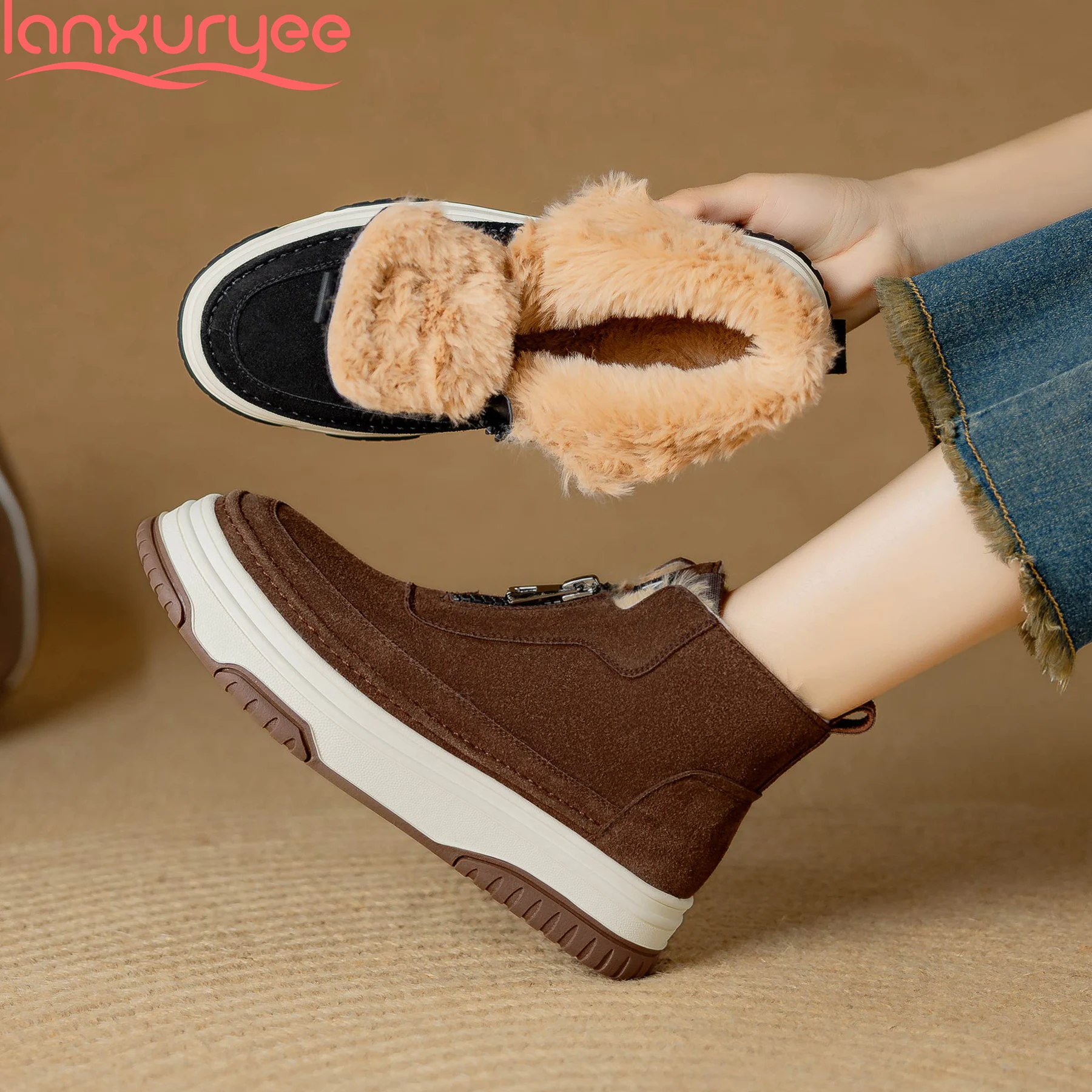 

Lanxuryee Cold Resistant Cow Suede Flat With Modern Casual Boots Luxury Fur Dating Comfort Retro Ins Platform Winter Ankle Boots