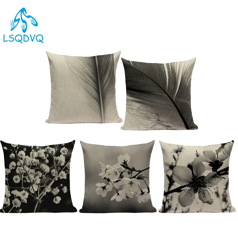 Black White Plant Building Flower Geometric Decorative Throw Pillows Case Polyester Sofa Cushion Cover for Home Decor