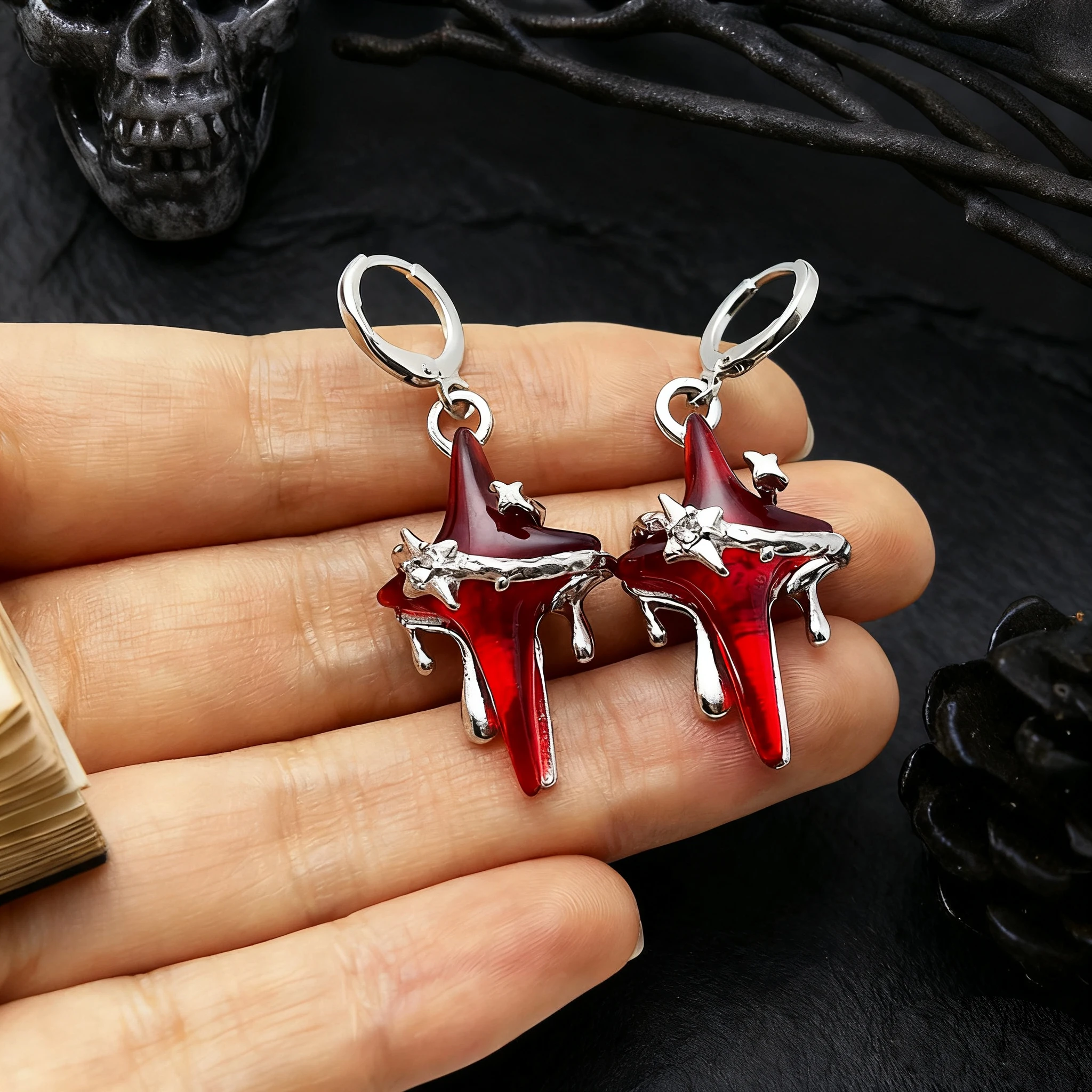 Gothic Trendy Dark Red Cross Star Pendant Earrings For Women Men Punk Y2K Grunge European American Style Jewelry Accessories New