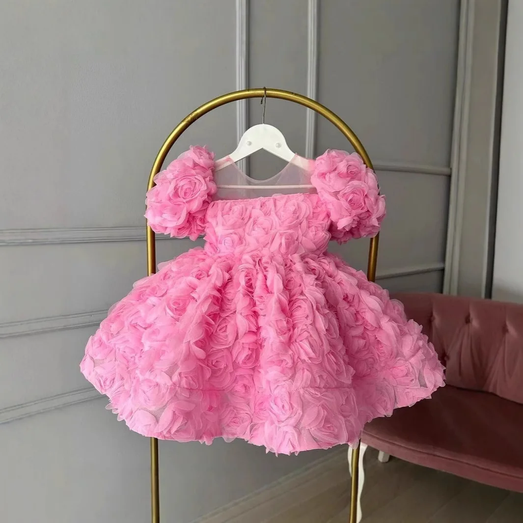 Girls Dress 2024 New Children's Three-dimensional Flower French Princess Dress Girls Catwalk Fashion