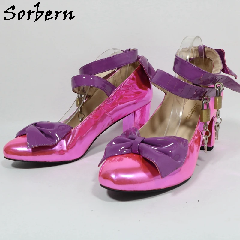 Sorbern Black Shiny Women Pump Kitten Heels Round Toe Shoes With Ankle Strap Bowknot Platform Pump Chunky Heel Lolita Shoes