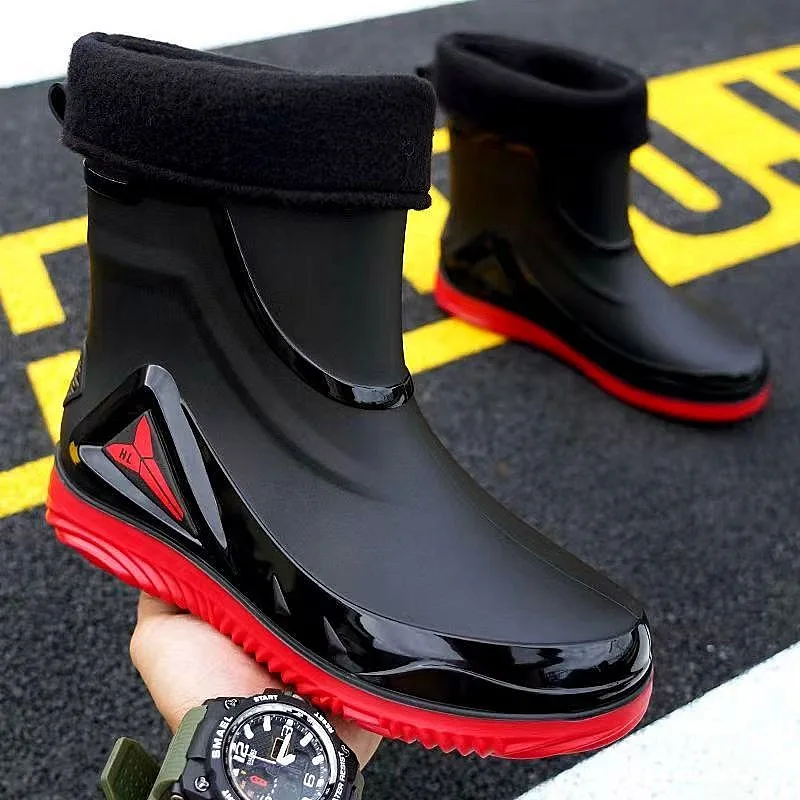 Waterproof Men's Rain Shoes Outdoor Non-slip Work Shoes Fleece Lined Cotton Warm Rain Boots Kitchen Footwear Male Sapato Chuva