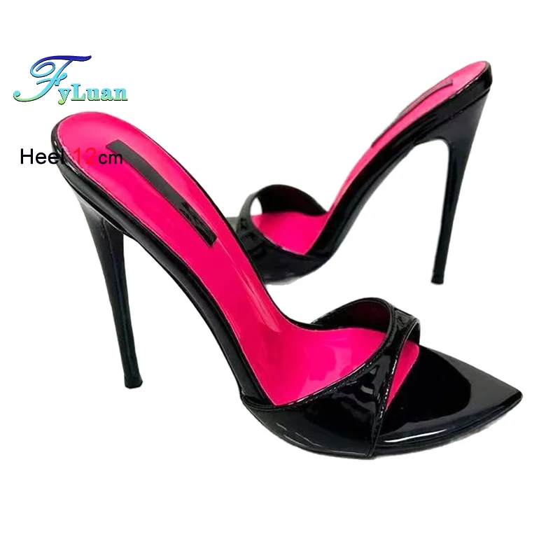 

Sexy Black High Heeled Slippers For Ladies Fashion Pointed Toe Shoes 12CM Thin High Heels Women's Slip-on Summer Party Sandals