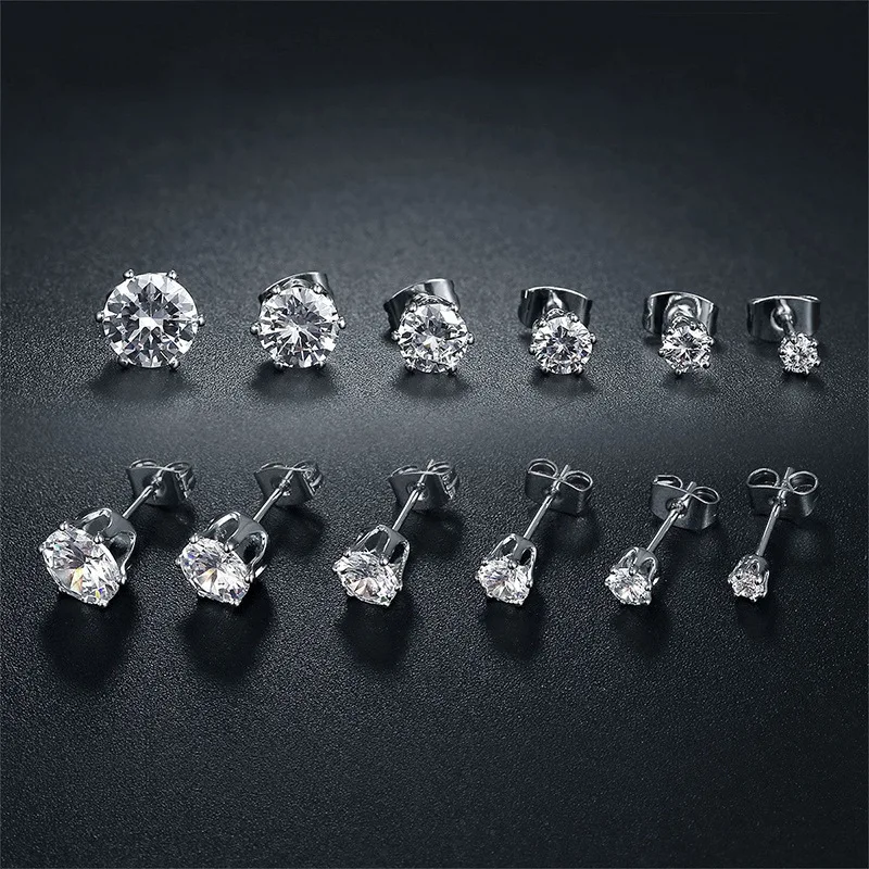 Men's Round Crystal Stud Earrings Women Stainless Steel Cz Zircon Ear Piercing Stud Earring Classic Pop Boy Girls Jewelry