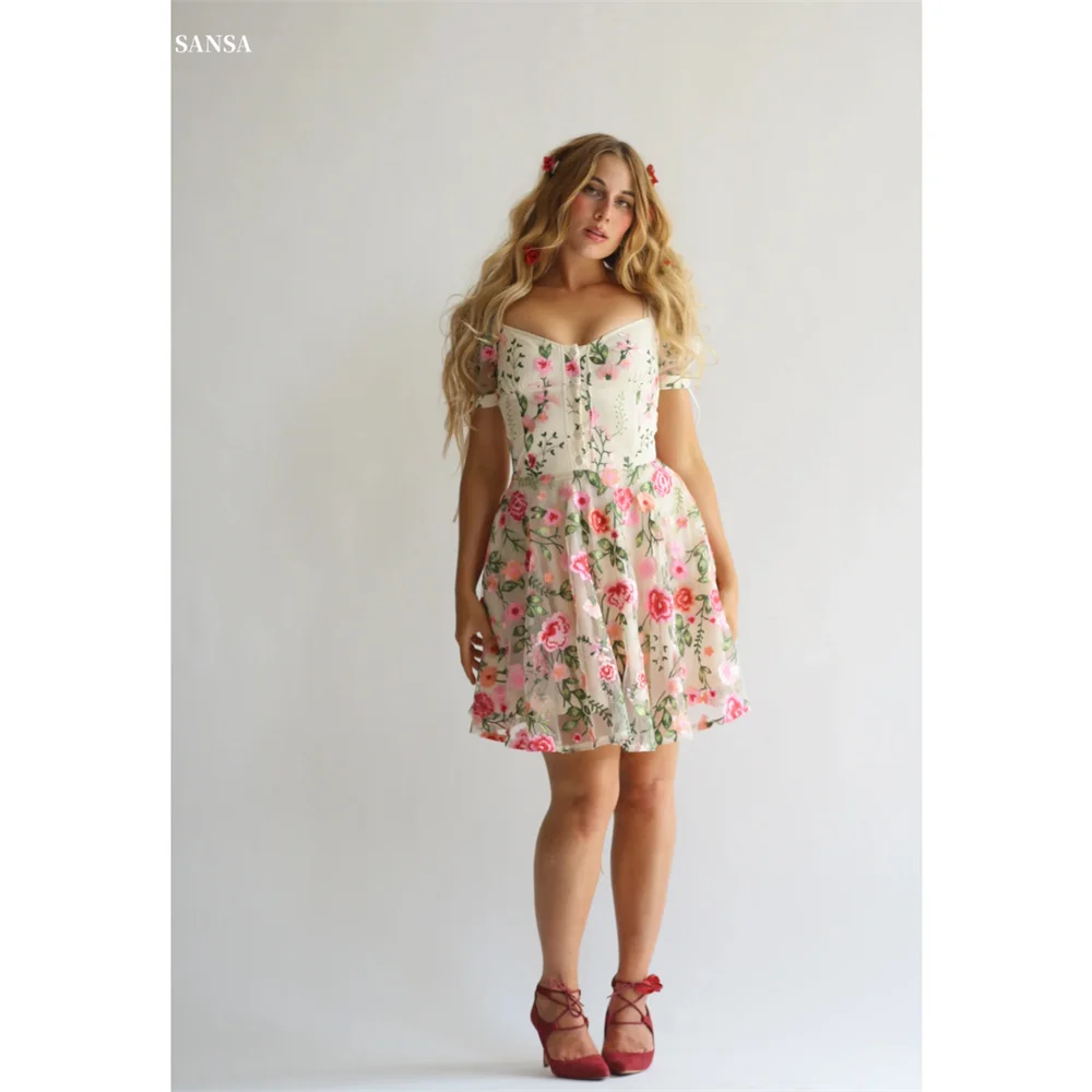 

Sansa Customized Flower Square Collar A-line Prom Dresses Short Sleeve Lace-up فستان سهرة نسائي Elegant Knee-Length Party Dress