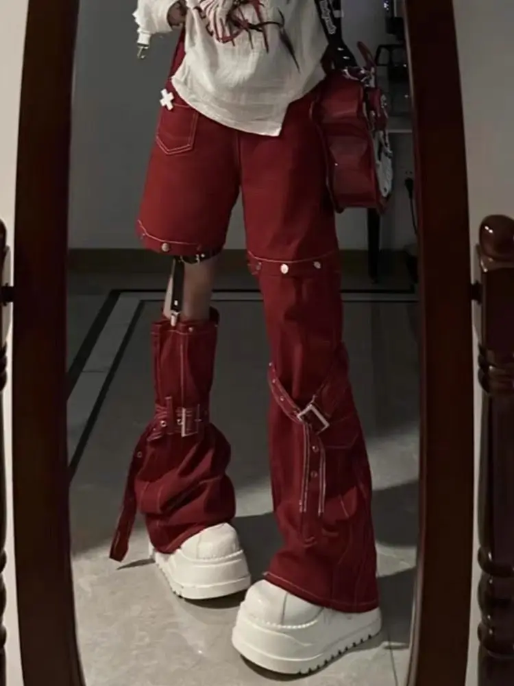 

2025 Summer New Detachable Red Jeans for Women Loose Straight Wide Leg Pants Y2k E-Girl Street High Waist Denim Pants