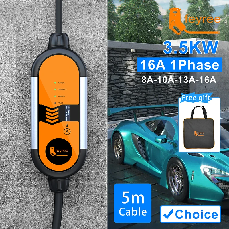 feyree Type2 EV Portable Charger 16A 3.5KW Type1 j1772 Adapter Charging Cable 5m with Schuko Plug EVSE Wallbox for Electric Car