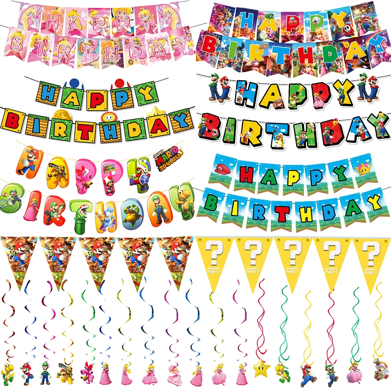 Bros Birthday Banner Gold Coin Figures Party Streamers Happy Birthday Party Favors Background Baby Shower Kids Boys Gifts Toys