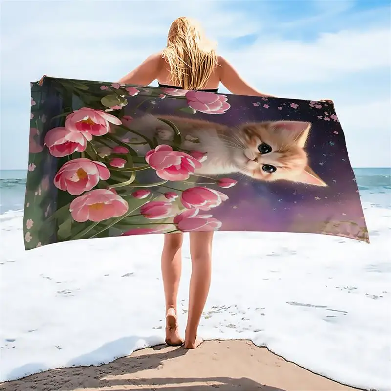 1PC Cat Lovers Must-Have! Speed Dry Absorbent Two-In-One Tulip Flower Sea Pattern Beach Towel