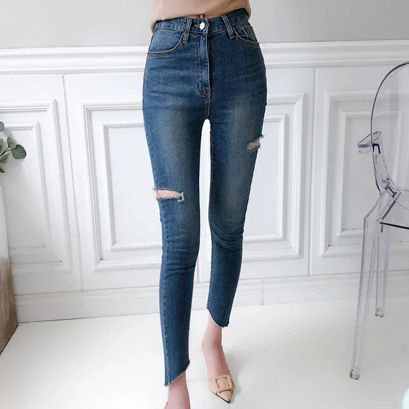 

Vintage Blue Skinny Jeans Women Streetwear High Waisted Elastic Denim Ladies Pencil Pants Korean Fashion Jeans Mom Pantalones