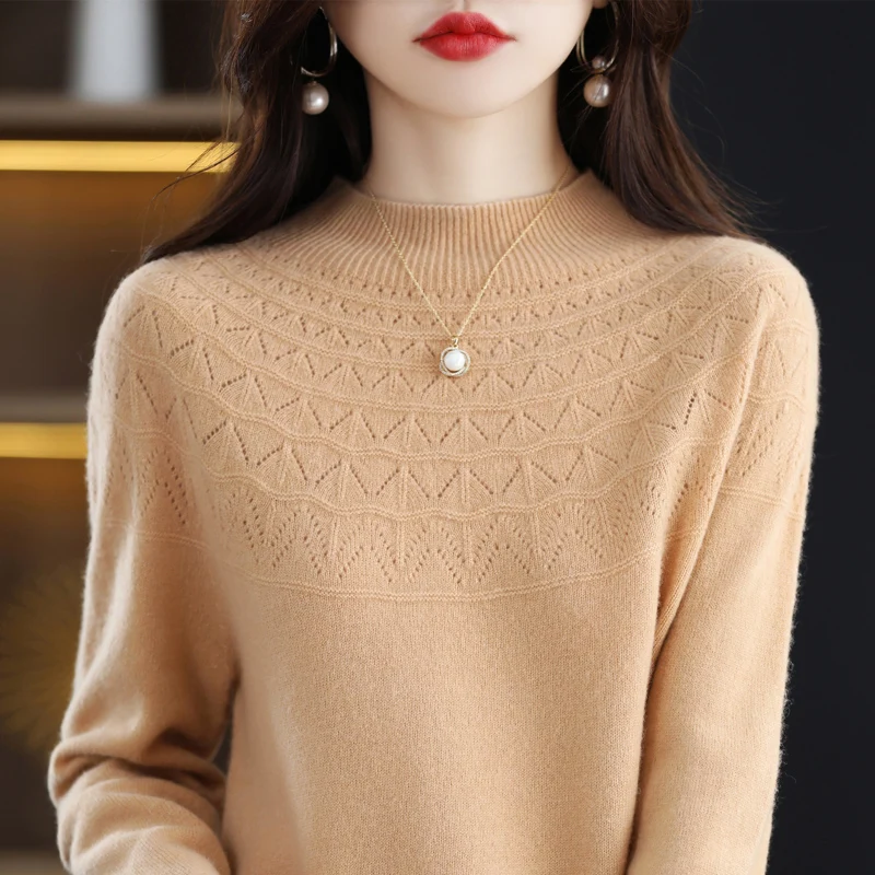 New 100% pure wool single-thread ready-to-wear hollow women\'s pullover semi-high collar cashmere sweater solid color