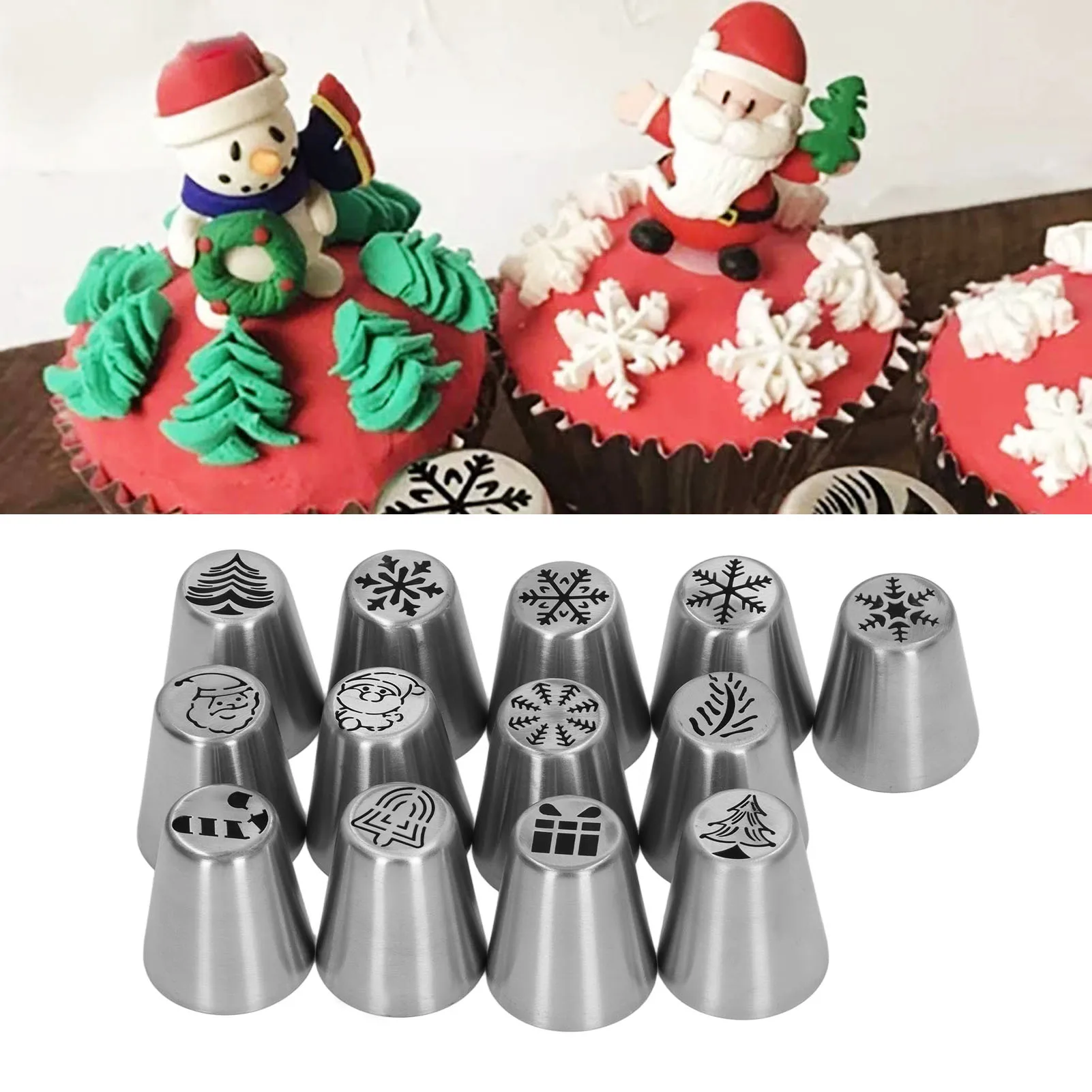 13pcs Christmas Flower Frosting Tips Nozzles Stainless Steel DIY Cake Decorating Tips For Cupcake Decoration