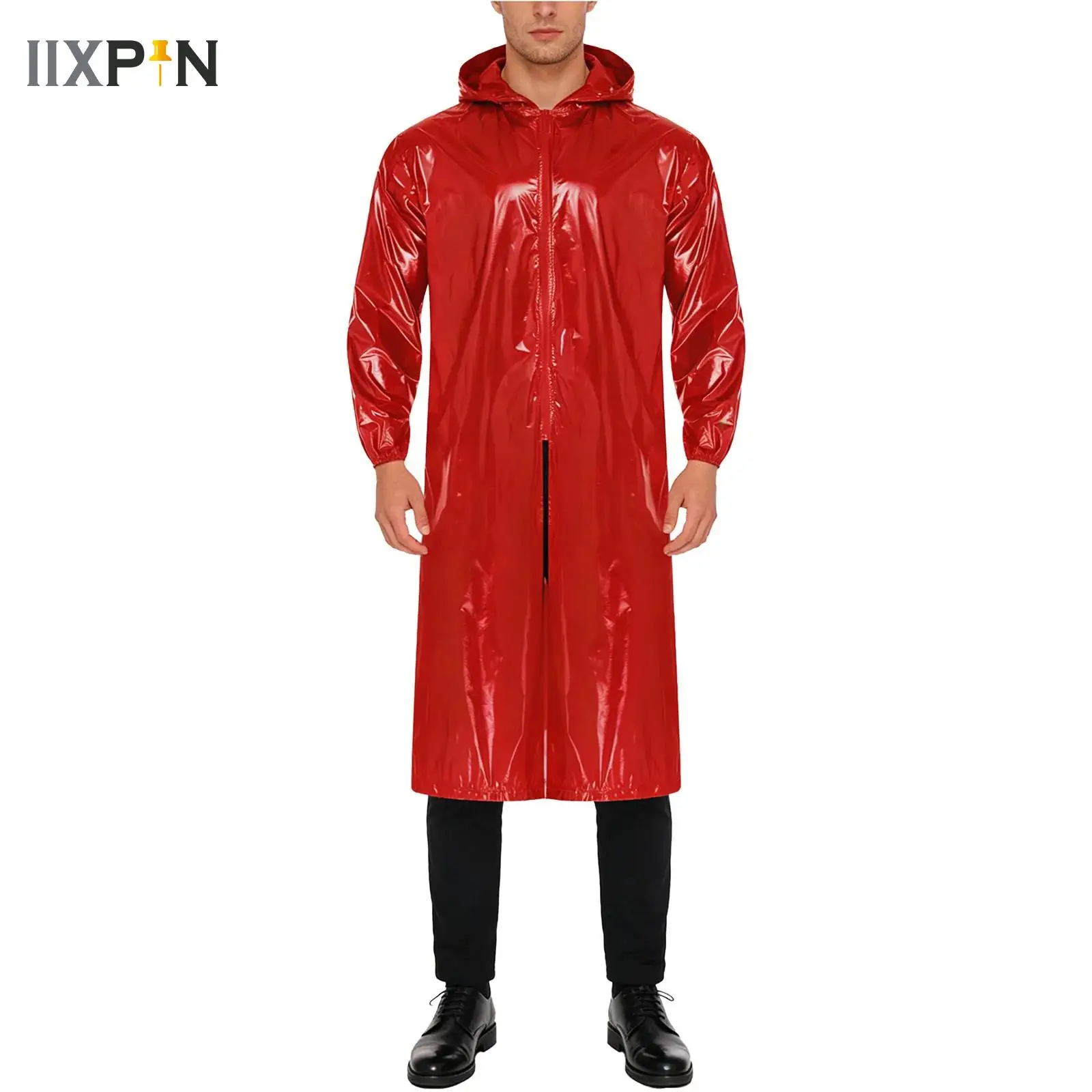 Mens Waterproof Hooded Long Jacket Long Sleeve Front Zipper Lightweight Raincoat Workwear Poncho for Hiking Rainy Day Work