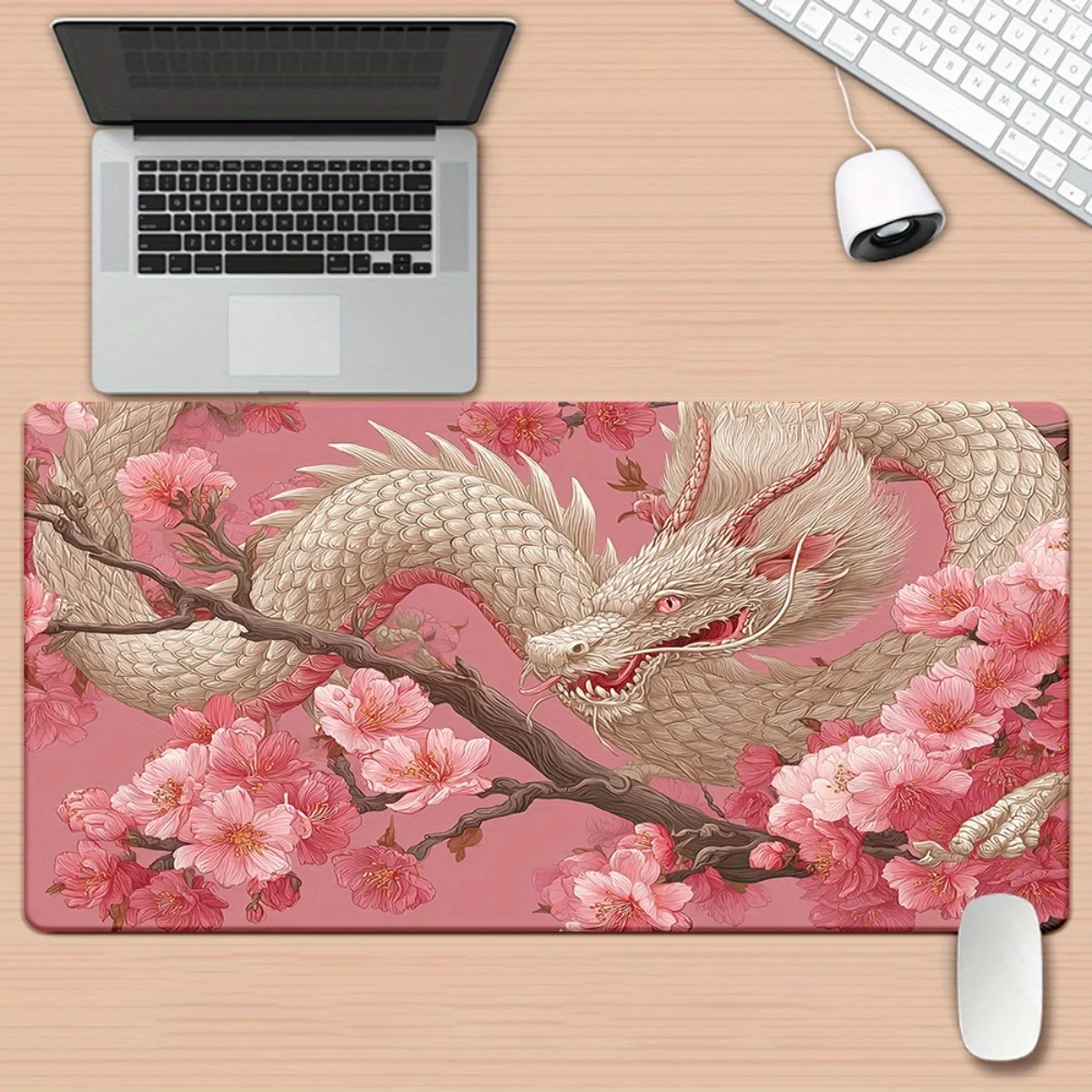 

Anti-slip rubber base of the Dragon and Cherry Blossom mouse pad is washable and suitable for gamers and families. High quality