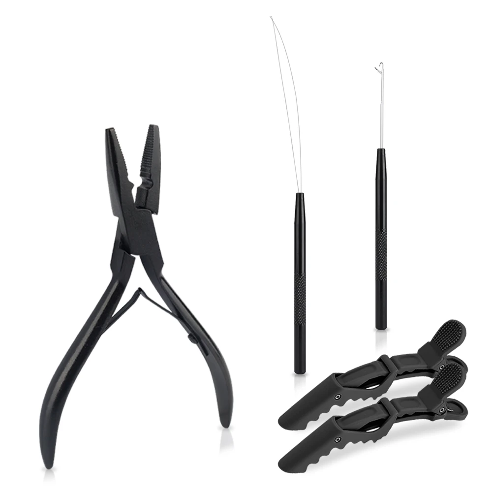 

Набор инструментов для наращивания волос Lanshii — плоскогубцы, нитевдеватель, крючок и 2 матовых зажима для секционирования — золото, черный, розовый