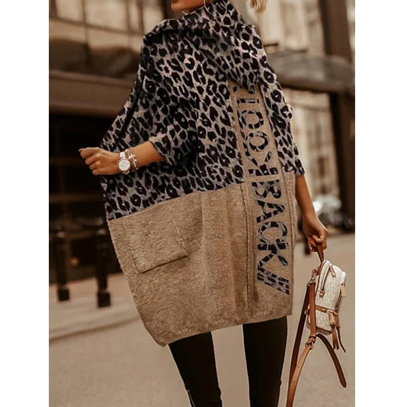 

Women's Leopard Knitted Cardigan, Loose Pockets, Long Sweaters, Streetwear Fashion, Fall, Winter