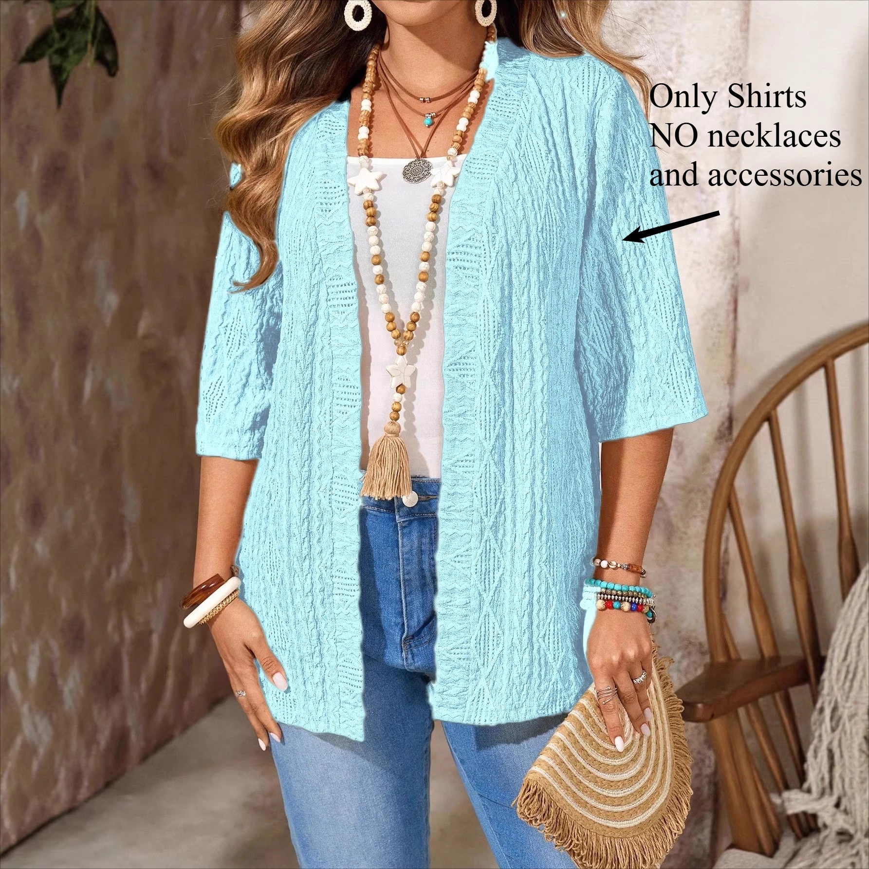 Women's Summer Texture Cardigan Three Quarter Sleeve Open Front Neck Solid Color Ruffle Regular Length Hollow Out Sweater Shirts