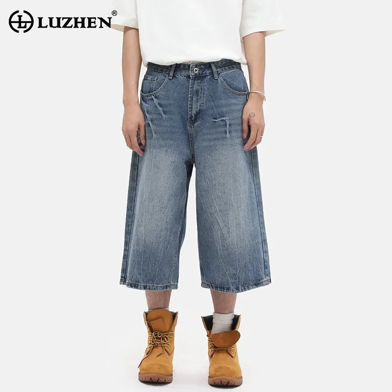 

LUZHEN 2025 New Fashion Vintage Washed Gradient Straight Denim Cropped Trousers Men's Summer High Quality Handsome Jeans JY2973