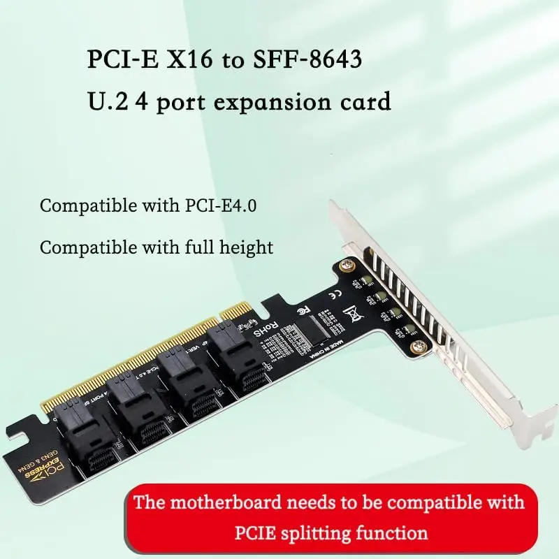 PH49 PCIe4.0 X16 to 4-Port U.2 NVME SFF-8643 SFF-8639 Expansion Card Support X4 X8 X16 Slot Motherboard with PCIE Split Function