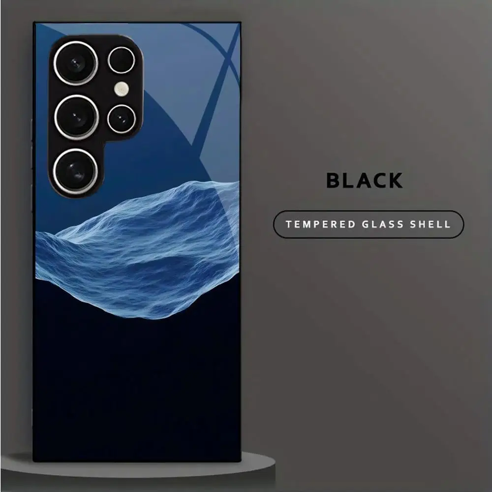 Abstract Blue Wav Black Tempered Glass Phone Case For Samsung GalaxyS26 25 24 23 Ultra FE 5G Shockproof Lens Protective Cover