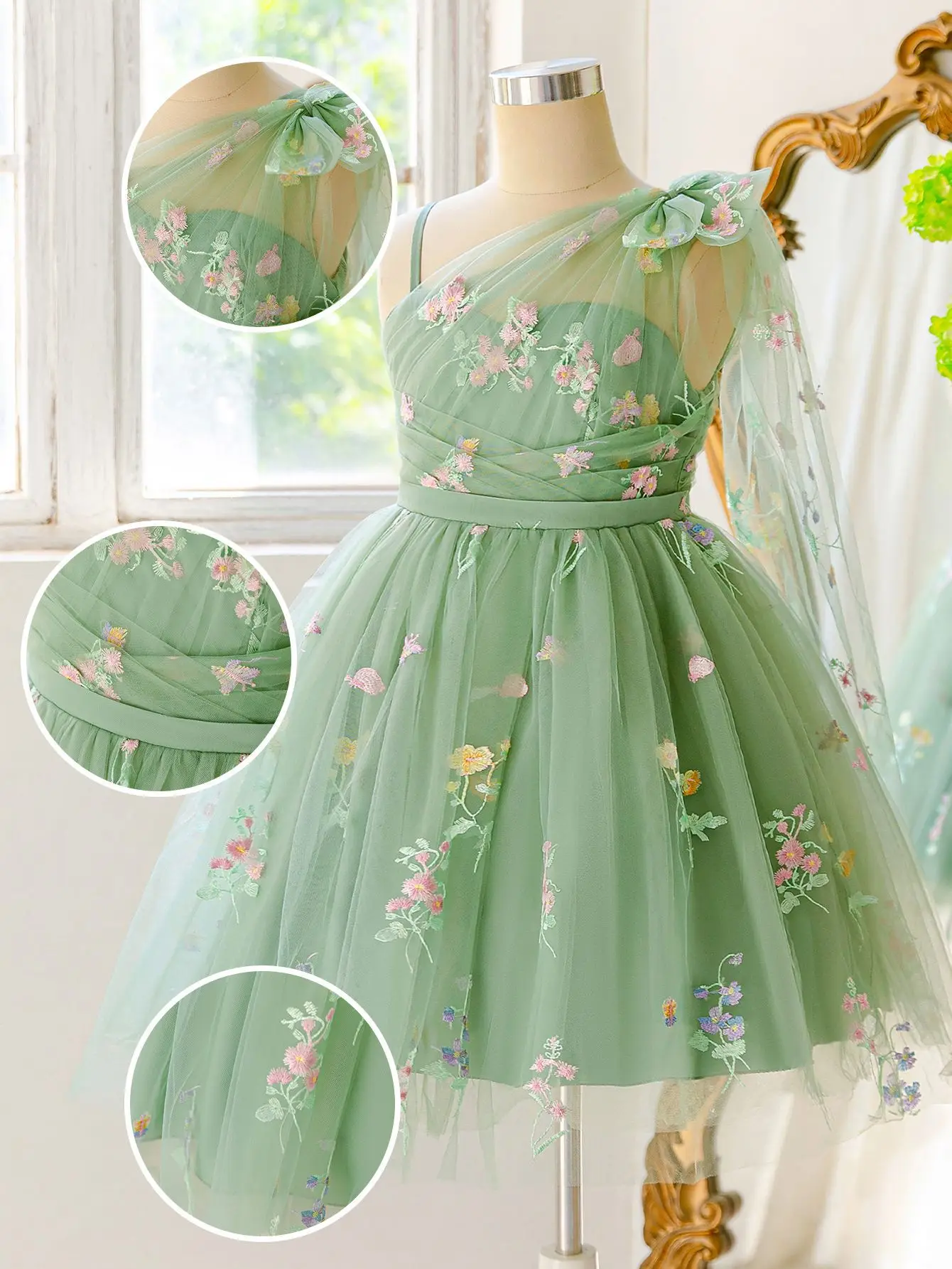 7-12y Green Flower Girl Dress A Line Short One Shoulder Cap Sleeve Tulle Floral Embroidery Bow Wedding Kids Princess Gown