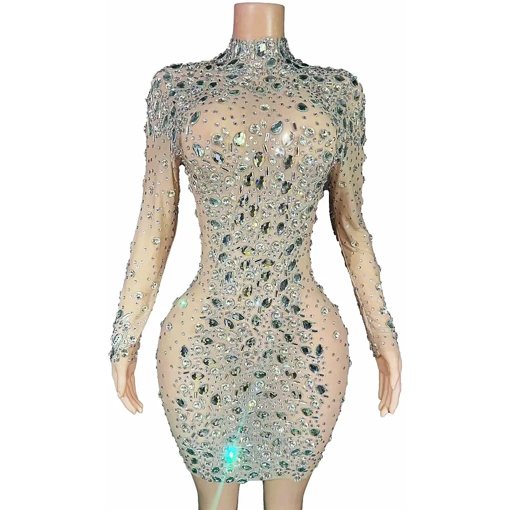 

Nude Gauze Shining Rhinestones Crystal Sexy Long Sleeve Sheath Dress For Women Nightclub Party Clothing Singer Stage Costume