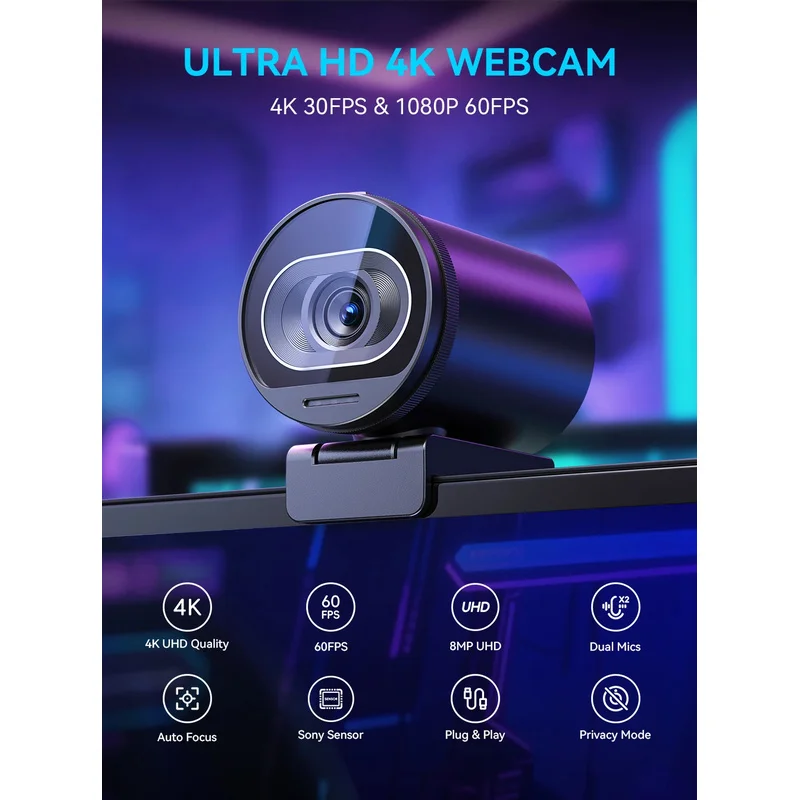 4K Streaming Webcam, 1080P 60FPS USB Autofocus Web Camera with Dual Microphones for Live Streaming, for TikTok YouTube Recording