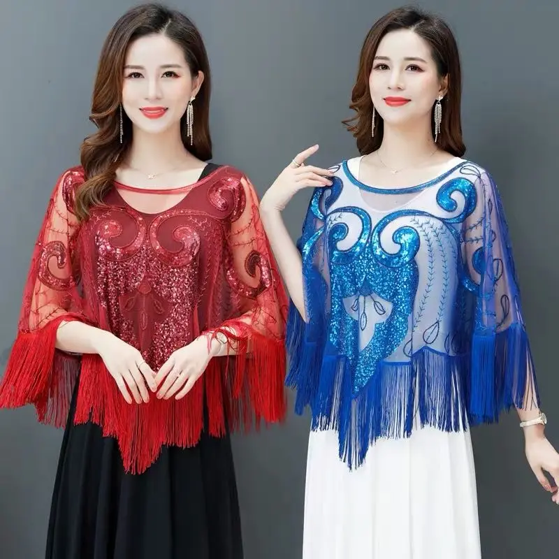 

Women Summer Fashion Loose Elegant Embroidered Net Yarn O-neck 3/4 Sleeve Shirts Ladies Casual All-match Hollow Out Sexy Tops