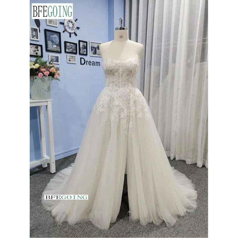 Ivory Lace A-Line Wedding Dresses Chapel Train Custom Made  Sweetheart Floor-Length Strapless Layered Skirt Bridal Gowns