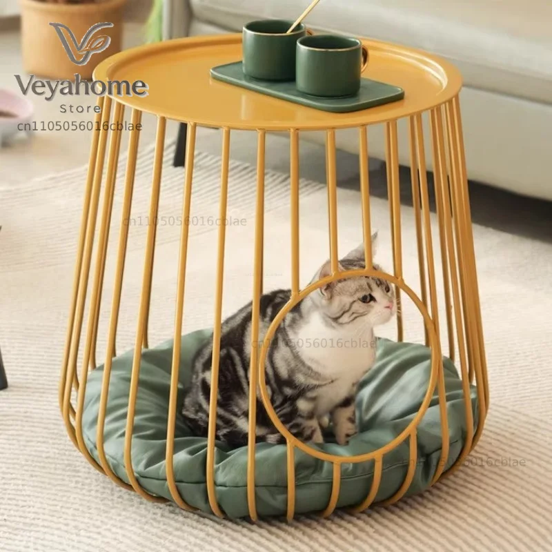 Multifunctional Cat Furniture, Casual Side Table with Cat Cage House, Pet Bed, Human-Pet Shared End Table Stool