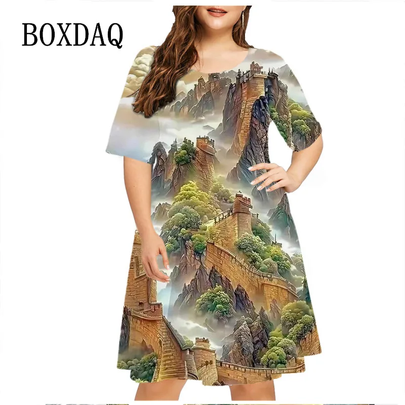 

2023 Summer Dresses Women Retro Painting 3D Scenery Print Dress Short Sleeve Loose Plus Size Clothing 6XL Sundress Casual Dress