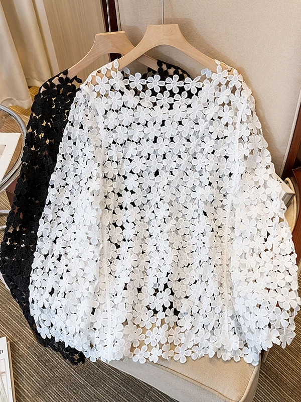 

plus Size Women's Summer Lace Shirt Long Sleeve Layering Outerwear Floral Hollow Design Unique Sensation Loose Fit Cover up
