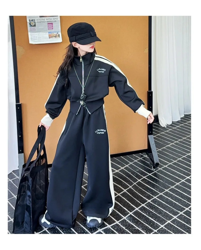 Herbstliches 2-teiliges Set für Mädchen, 4–14 Jahre, Kinder, Mädchen, Jacke mit Reißverschluss in zwei Richtungen + Hose, Anzug mit elastischem Bund, Trainingsanzug für jüngere Mädchen. – Detail 16
