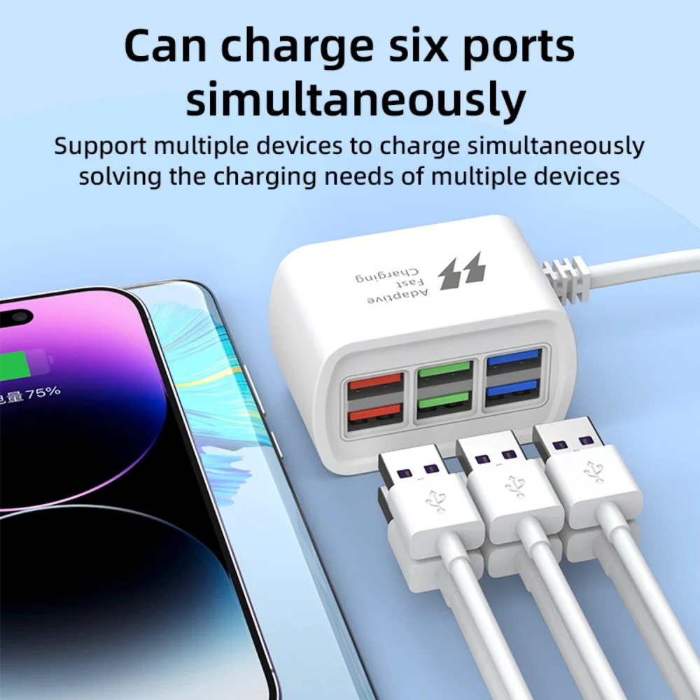 Szybka Ładowarka USB 6 w 1 Listwa Zasilająca Stacja Ładująca Biurkowa Szybkie Ładowanie Kabel 1m Hub USB Adapter Gniazdo do iPhone 16 15 Dom — zdjęcie produktu 4