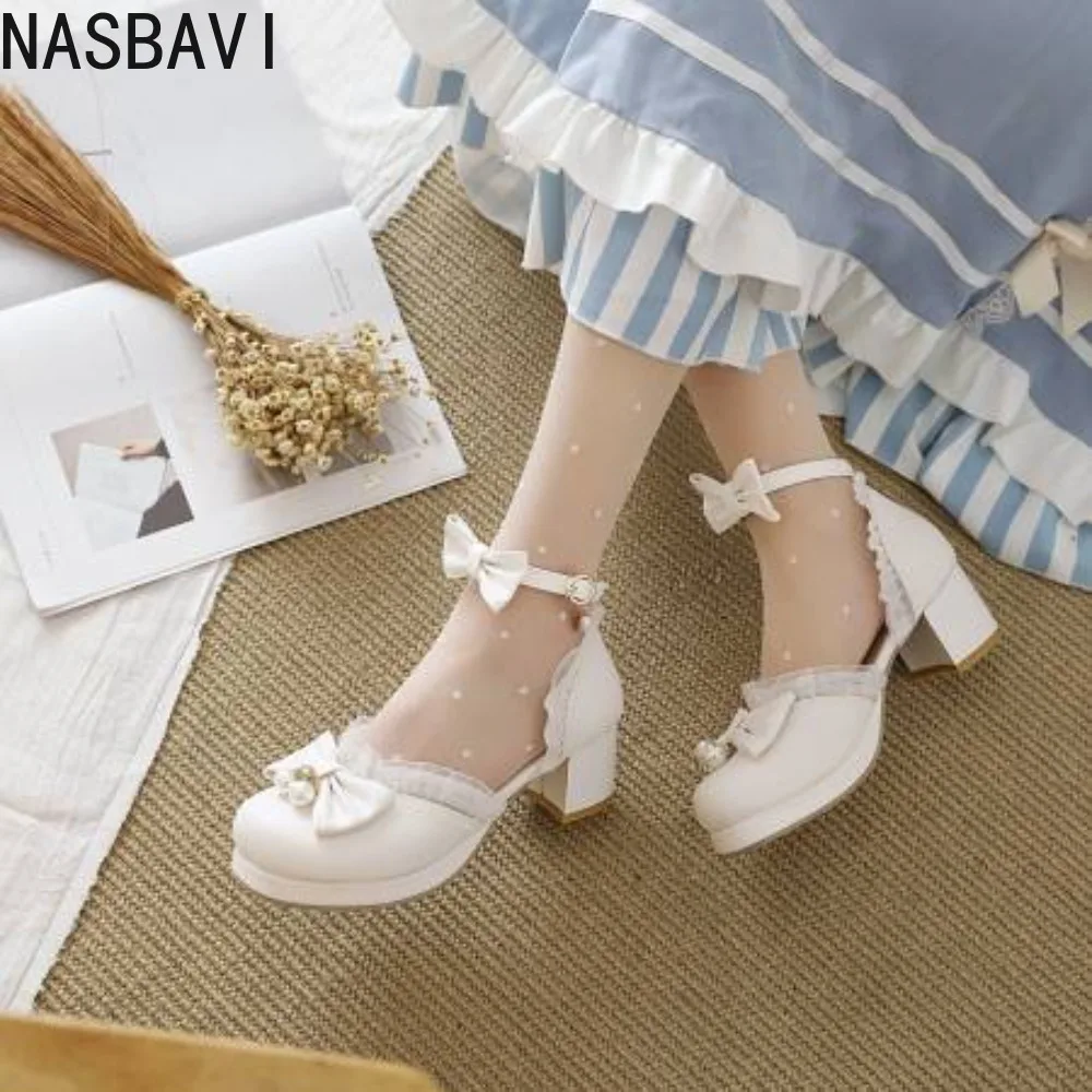 

Girls Women 2026 Lolita Square Heeled Leather Single Shoes White Bow Lolita Mary Janes Summer Buckle Strap Sandals Dress Shoes